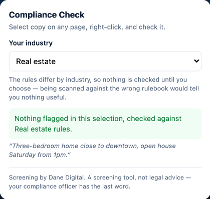 The extension panel set to Real estate, reporting that nothing was flagged in the selection.