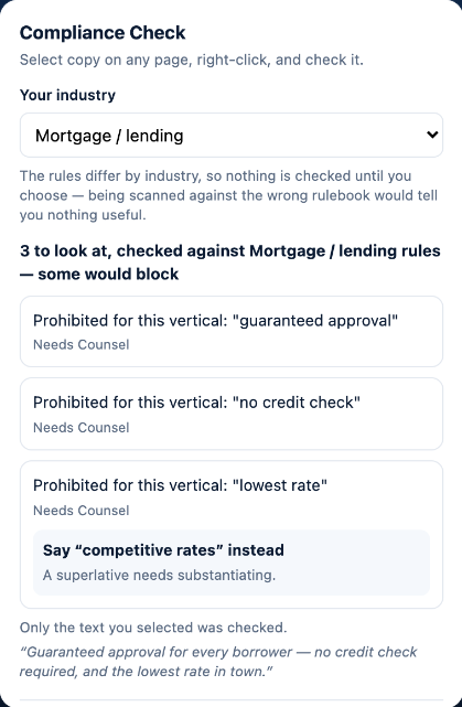 The extension panel with the industry set to Mortgage and lending, showing three findings: prohibited phrases guaranteed approval, no credit check and lowest rate, with a suggested replacement for the last one.