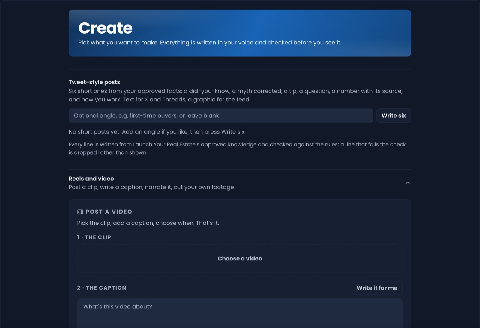 The Create screen in the hub with the Reels and video section open, showing Post a video: choose the clip, write the caption, pick when.