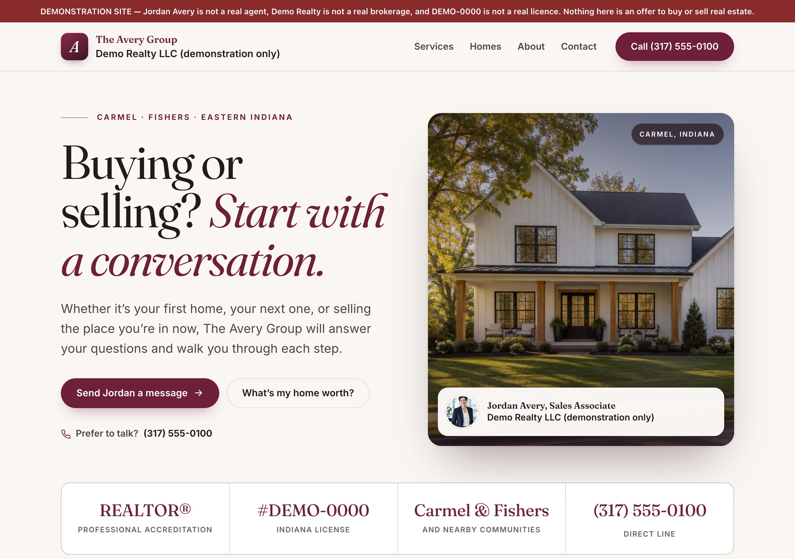 A real estate agent site: the agent's name and brokerage in the header, a headline reading 'Buying or selling? Start with a conversation', a photograph of a white farmhouse, and a row showing REALTOR accreditation, the licence number, the areas covered and a direct phone number.