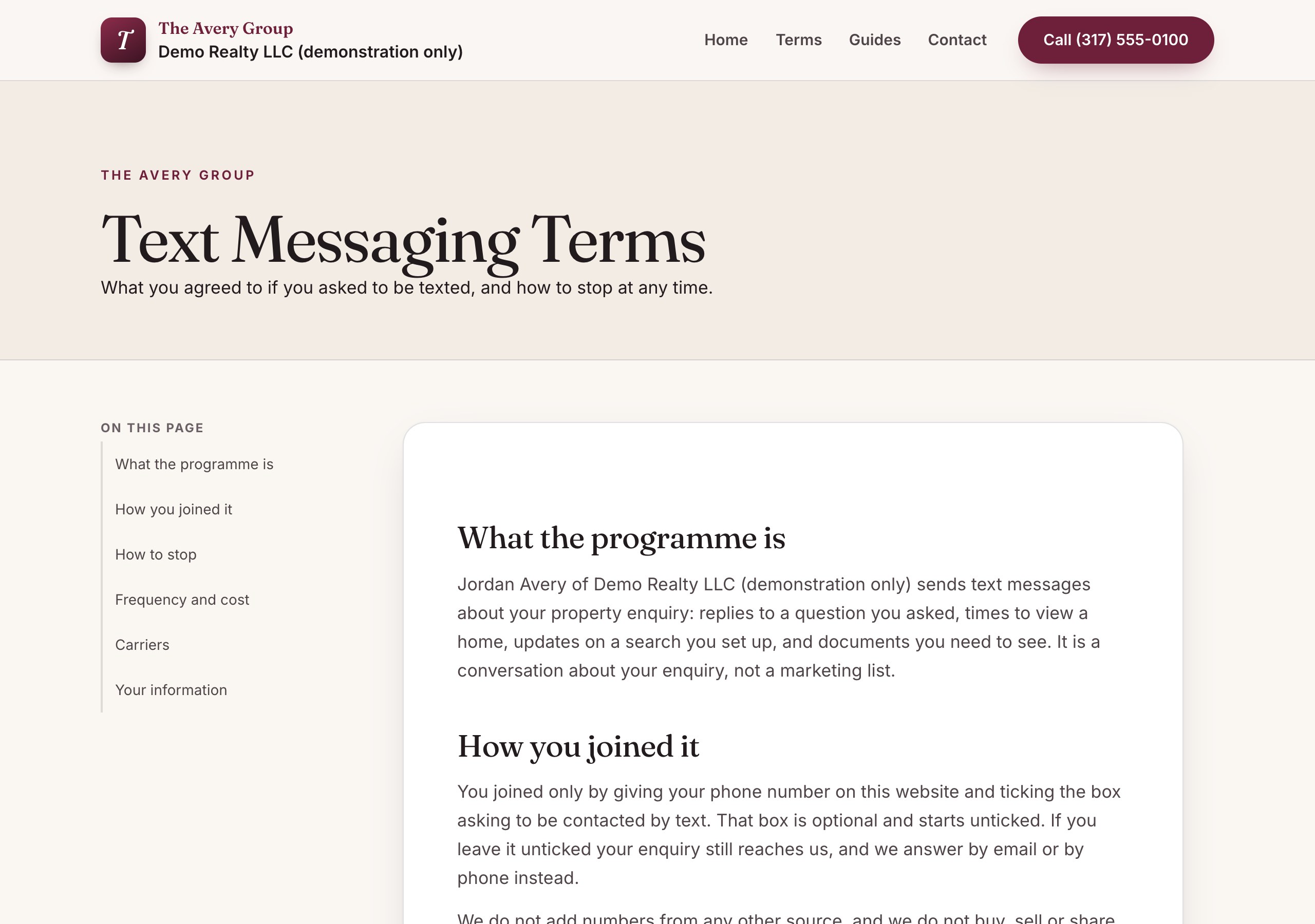 The Text Messaging Terms page of the same site, with a contents list down the left and sections explaining what the programme is, how you joined it, how to stop, frequency and cost, carriers, and how your information is used.